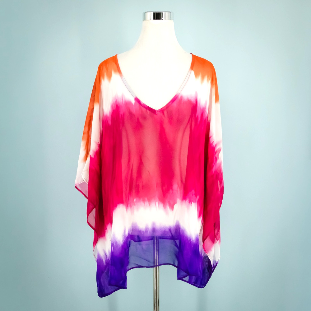 Chico's 2 3 Size Large L XL Pink Orange Purple Ombre Dyed Semi-Sheer Poncho Top